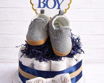 Oh Boy Navy Blue and Gold Diaper Cake