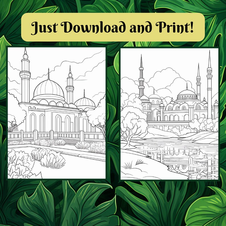 Mosque Colorful Printable Islamic Mosque Coloring Pages for Kids, Adults - Digital Download and ...