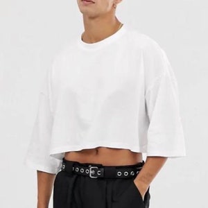 Men Crop Top T Shirt, White/Black Top