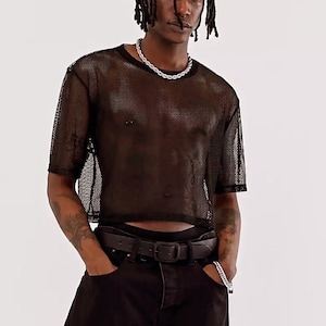 Men See Through Mesh Tee, Crop top
