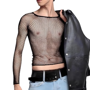 Men Sheer Shirt, Mesh Tee, See-Through, Festival Clothing, Rave Black Top