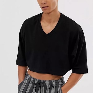 Men V Neck Crop Top, Solid Tank Crop Top