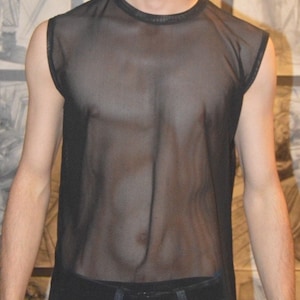 Men Sheer Mesh Tee, Black Tulle, Black Top