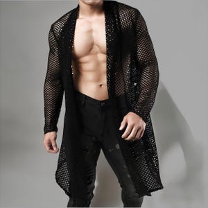 Men Cardigan, Mesh See through Fishnet Shirt, Men Sheer Shirt