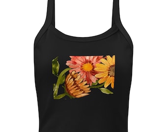 Microgeribde damestanktop, zwarte aquarel Sunflower Garden-tanktop
