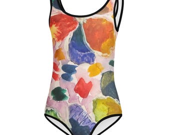 Costume da bagno intero per bambine con stampa integrale e motivo floreale astratto ad acquerello.