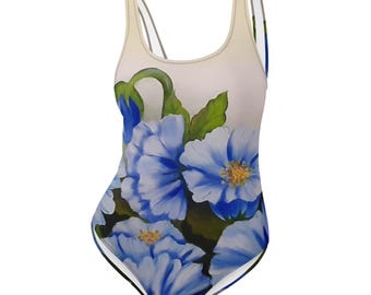 Badpak uit één stuk, bloemen, blauw, gerecycled polyester