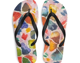 Watercolor Floral Flip-Flops, Abstract Summer Sandals, Artistic Footwear