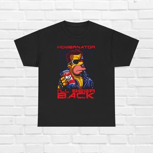 Animated Sci-Fi Action Tee, Parody Robot Shirt, Comedy Mashup Top, Cartoon Cyborg Apparel