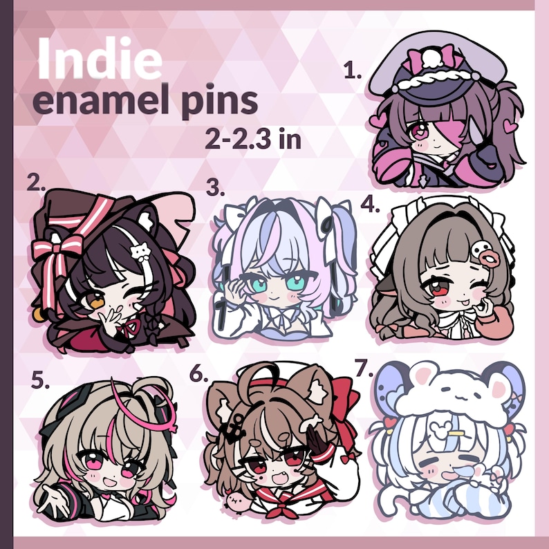 Puede incluir: Colecci&oacute;n de siete pines de esmalte estilo anime. Cada pin presenta un dise&ntilde;o de personaje &uacute;nico con colores vibrantes y detalles. Los pines miden aproximadamente 5,1 a 5,8 cm. El texto en la imagen dice "Indie enamel pins".