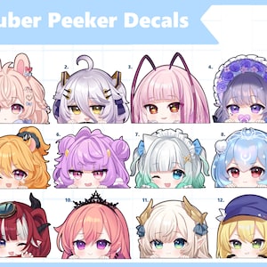 Puede incluir: Una hoja de doce calcomanías de Vtuber peeker coloridas. Cada calcomanía presenta un personaje diferente de estilo anime con ojos grandes y peinados únicos, incluyendo orejas de conejo, cuernos y coronas. El texto "Vtuber Peeker Decals" está en la parte superior.