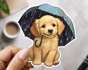 Golden Retriever Puppy with an Umbrella Sticker