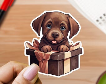 Chocolate Lab on a Gift Wrapped Box - Vinyl Sticker