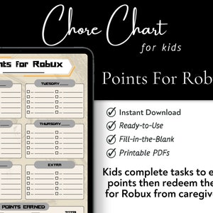 May include: A printable chore chart for kids to earn points for Robux. The chart has a gray and orange color scheme and includes spaces for each day of the week, plus an extra section. The chart has the text "Points For Robux" at the top.