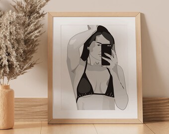 Girl Black and White Selfie Portrait White Background Vector Wall Digital Art