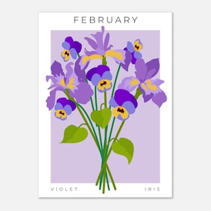 Impresión de ramo de flores de nacimiento de febrero / Arte de iris violeta / Regalo de cumpleaños personalizado único, arte de pared floral, decoración de guardería, baby shower