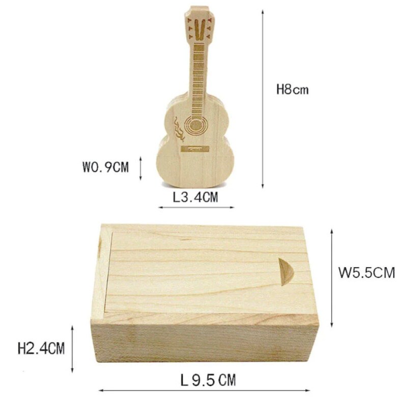 May include: A wooden guitar-shaped USB flash drive with a box. The drive is 3.4 cm long, 0.9 cm wide, and 8 cm high. The box is 9.5 cm long, 5.5 cm wide, and 2.4 cm high.