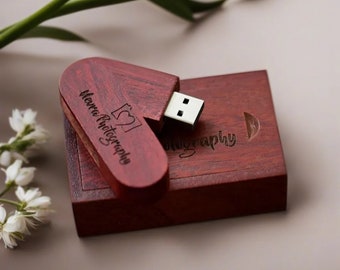 Individuell gravierter, drehbarer Holz-USB-Stick in Walnuss- / Ahornbox - Ideal für Hochzeiten, Jubiläen, Fotografie und Logos. 8GB-128GB #17