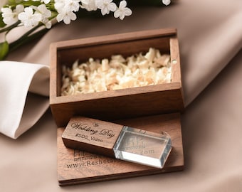 Personalized Crystal Wooden USB Drive in Walnut/Maple Box – Perfect for Weddings, Anniversaries, Photography, and Logos. Sizes: 8GB-128GB #1