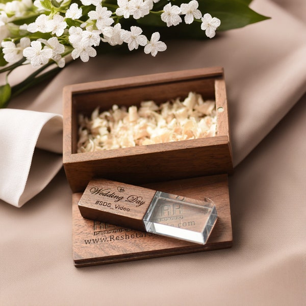Personalized Crystal Wooden USB Drive in Walnut/Maple Box – Perfect for Weddings, Anniversaries, Photography, and Logos. Sizes: 8GB-128GB #1