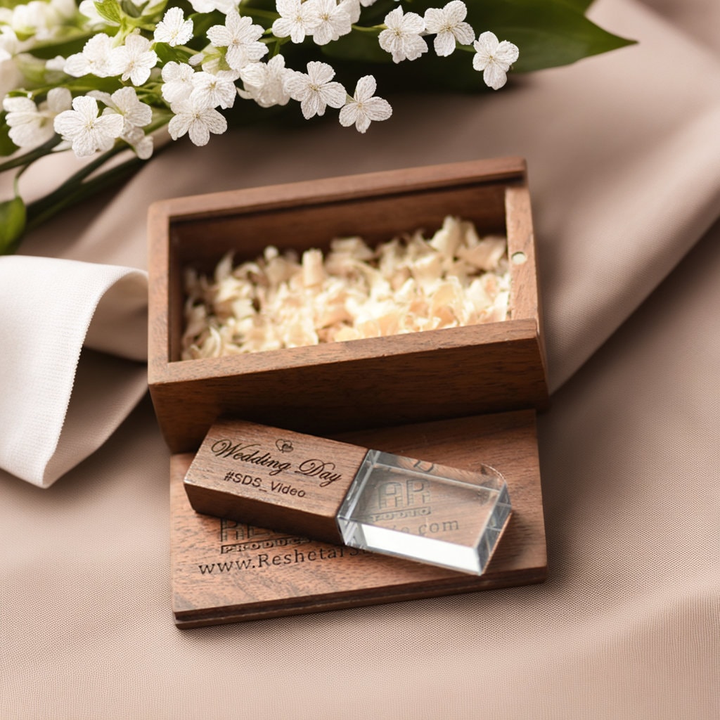 Personalized Crystal USB Drive with Walnut Box: Wedding Photography Gift