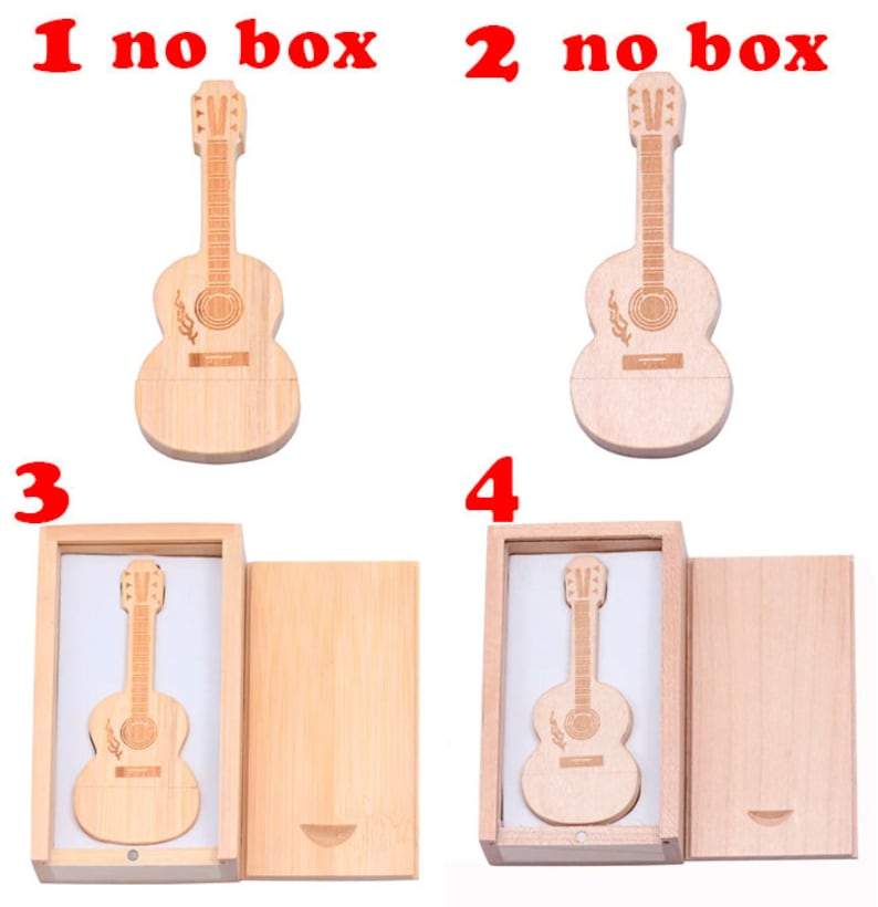 May include: Four wooden guitar shaped USB flash drives. Two drives are shown in a wooden box with a lid. The other two drives are shown without a box.