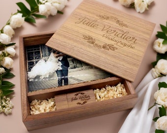 Clé USB en bois gravée personnalisée dans une grande boîte - Boîte parfaite pour des photos de 10 x 15 cm (4 x 6 po.). Pour les mariages et les logos. Tailles : 8 Go-128 Go. #3