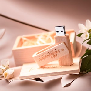 Memoria USB giratoria de madera grabada a medida en caja de nogal o arce: ideal para bodas, aniversarios, fotografías y logotipos. 8 GB a 128 GB n.° 22