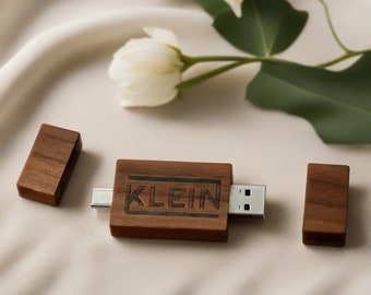 Unidad USB 2 en 1 de madera grabada personalizada + unidad TYPE-C en madera de nogal/arce: ideal para bodas, fotografía y logotipos. Disponible en 4 GB-64 GB #30