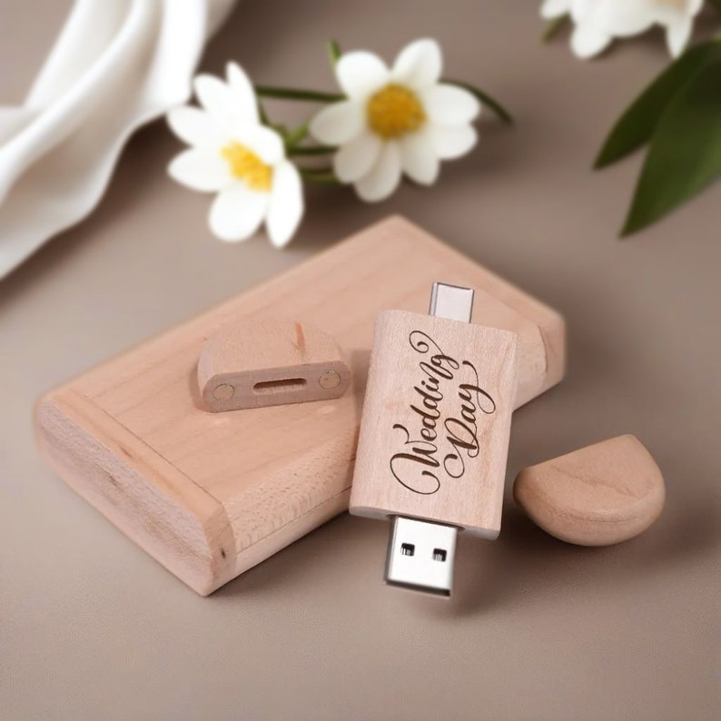 Custom Engraved Wooden 2 in 1 USB TYPE-C Drive in Walnut/Maple Box Ideal for Weddings, Photography, and Logos.Available in 8GB-128GB 26 #8 maple (usb+box)