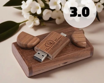 Custom Engraved Wood USB 3.0 + Type-C Flash Drive: Wedding Photography Gift
