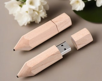 Chiavetta USB a forma di matita in legno con incisione personalizzata: ideale per matrimoni, anniversari, fotografie e loghi. Chiavetta USB a matita da 8 GB a 64 GB n. 8