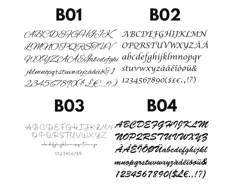 May include: Four different font styles labeled B01, B02, B03, and B04. Each font style shows the alphabet in uppercase and lowercase, numbers, and symbols.