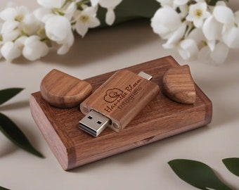 Custom Engraved Wooden 2 in 1 USB + TYPE-C Drive in Walnut/Maple Box – Ideal for Weddings, Photography, and Logos.Available in 8GB-128GB #26