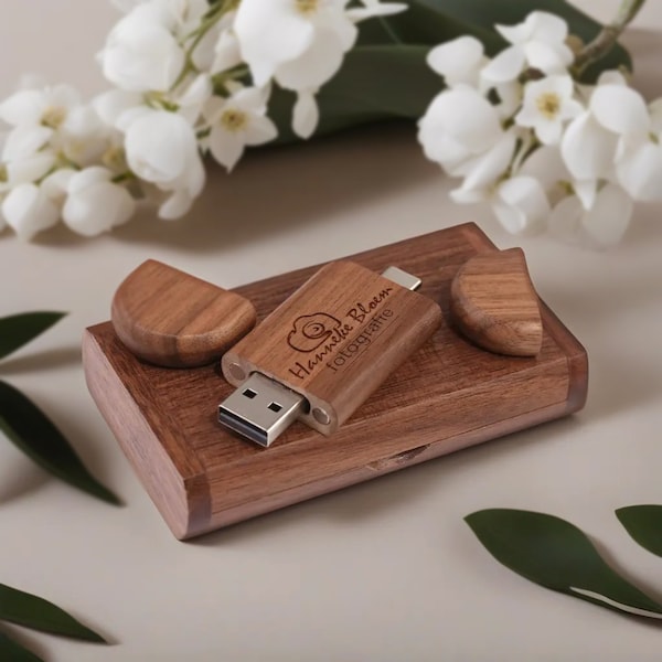 Clé USB 2 en 1 en bois gravée personnalisée + TYPE-C dans une boîte en noyer/érable - Idéal pour les mariages, la photographie et les logos. Disponible en 8 Go-128 Go #26