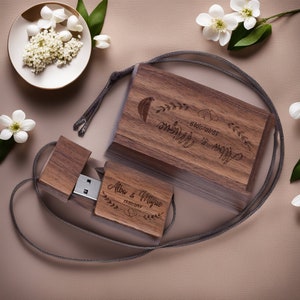Personalisierter USB Stick aus Holz mit Gravur im Walnuss/Ahorn Etui für Hochzeiten, Jubiläen und Logos Grössen: 8GB-128GB 12 #6 walnut (usb+box)