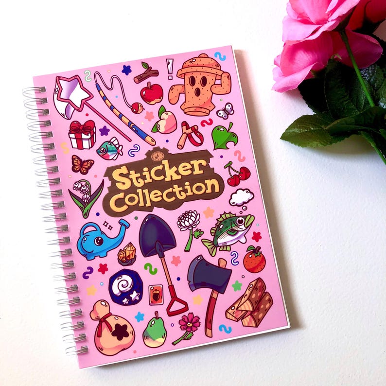Image of the front cover of the sticker book. A variety of tools, food, items, flowers and fish fill the space. In the center is a wooden textured sign with the words "Sticker Collection" written. The background color is a solid pink. Some of the tools include a shovel, fishing rod, star shaped bug catching net, axe, and slingshot. Various fruits like a pear, orange, peach, cherry, and apple are dotted around the color. Colorful flowers, and other things in nature fill the space.