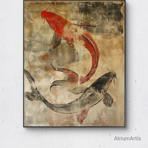 Koi Fish, Digital Art Print, Japandi Art, Time-Worn Art, Digital Download, Wall Decor, Printable