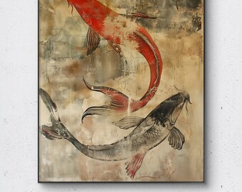 May include: A painting of two koi fish swimming in a pond. The fish are painted in a realistic style, with one fish being red and the other being black. The background of the painting is a muted brown and gray, with a textured look.