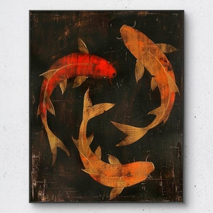 Koi Fish, Digital Art Print, Japandi Art, Time-Worn Art, Digital Download, Wall Decor, Printable