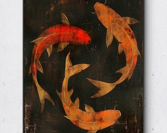 May include: Three koi fish swimming in a circle against a dark background. The fish are painted in shades of orange and gold, with details of scales and fins. The background is a dark brown with a textured, distressed look.