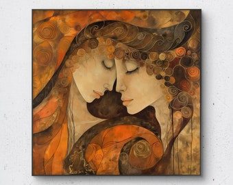 Sapphic Art Print, Lesbian Lovers, Gold Girls (Digital Download)