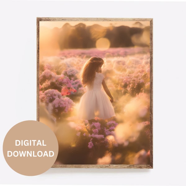 Digital wallart, canva print, girl in sunset, in flower field, pastel color, soft warm light, colorful