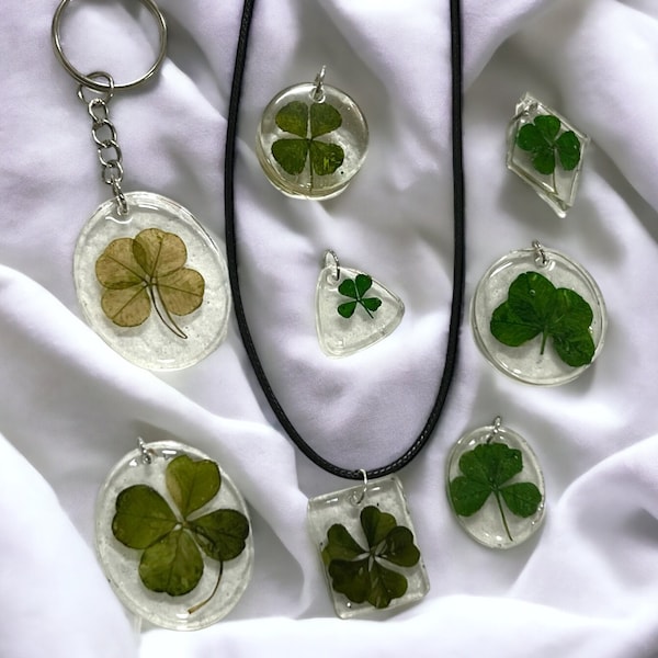 Real 4 Leaf Clover Preserved in Resin, Shamrock Pendant Necklace Keychain, Luck of the Irish, Good Luck Charm, Wild Hand Picked