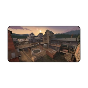 Op de afbeelding: Een digitale illustratie van een videogamekaart met een houten structuur en een cirkelvormig gebied in het midden. De kaart is gelegen in een bos met een zonsondergang op de achtergrond.