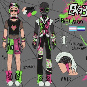 Puede incluir: Una hoja de referencia de personaje para Exobite, con Sidney Atrax. La ilustración muestra un personaje con cabello blanco, acentos rosas y verdes, vistiendo un chaleco negro, corbata y pantalones con salpicaduras de color verde neón y rosa.