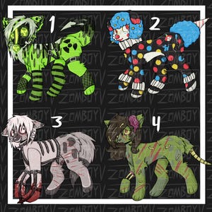 May include: Four stylized cartoon creatures with a zombie theme are displayed against a black background. Each creature has a unique design, including a green and black cat-like figure, a clown-themed dog, a gray and white creature, and a green zombie-like pony.