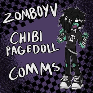 Op de afbeelding: Illustratie van een chibi zombie-personage met zwart haar, gekleed in een zwart t-shirt met een schedel, een zwarte broek en sneakers. De achtergrond is paars met de woorden "ZOMBOYV CHIBI PAGEDOLL COMMS" in het wit.