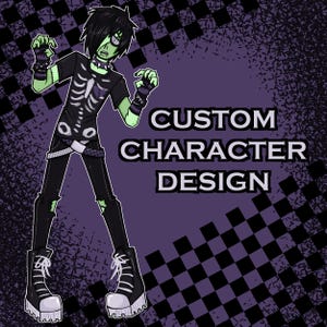 Op de afbeelding: Een digitale illustratie van een personage met een groene huid en zwart haar, gekleed in een zwart T-shirt met skeletopdruk, een halsband met studs, vingerloze handschoenen en plateauzolen. De achtergrond is paars met een zwart schaakbordpatroon en de tekst CUSTOM CHARACTER DESIGN.