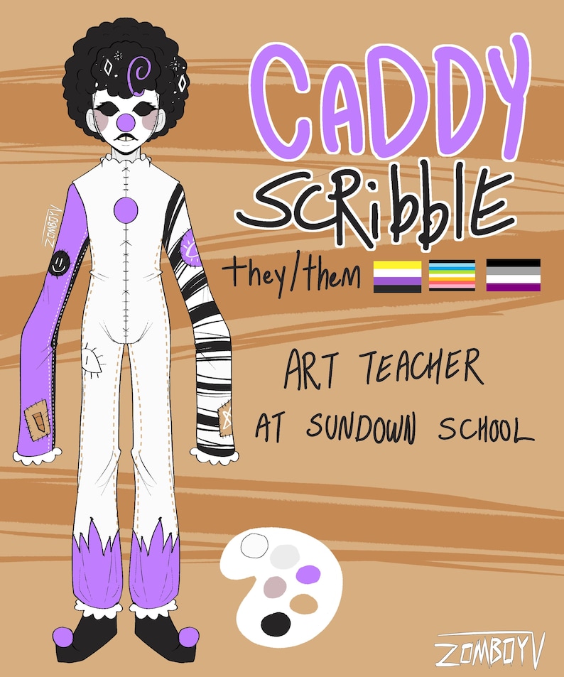 Op de afbeelding: Een digitale karakterillustratie van Caddy Scribble, een kunstleraar op de Sundown School. Het personage heeft zwart krullend haar, een witte clown-achtige jumpsuit met paarse accenten, zwarte schoenen met paarse pompons en een verfpalet.
